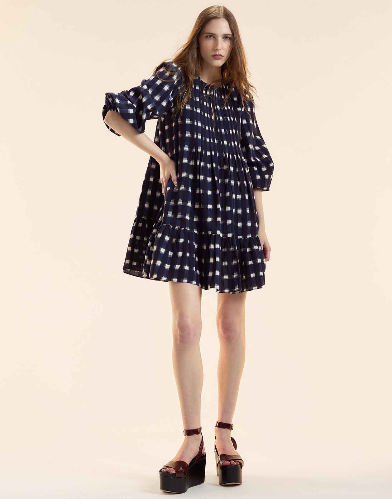 Cynthia Rowley Ingrid Pintuck Mini Dress - Navy/White Plaid