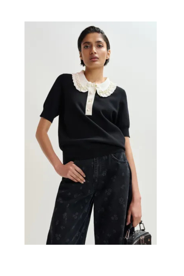 Essentiel Antwerp Jewelry Embroidered Knit Polo Top