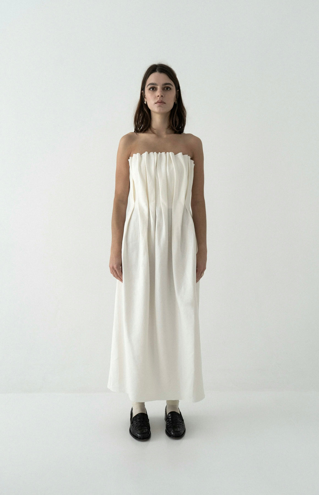 K M by L A N G E Plombir Linen Pleated Dress - Cream