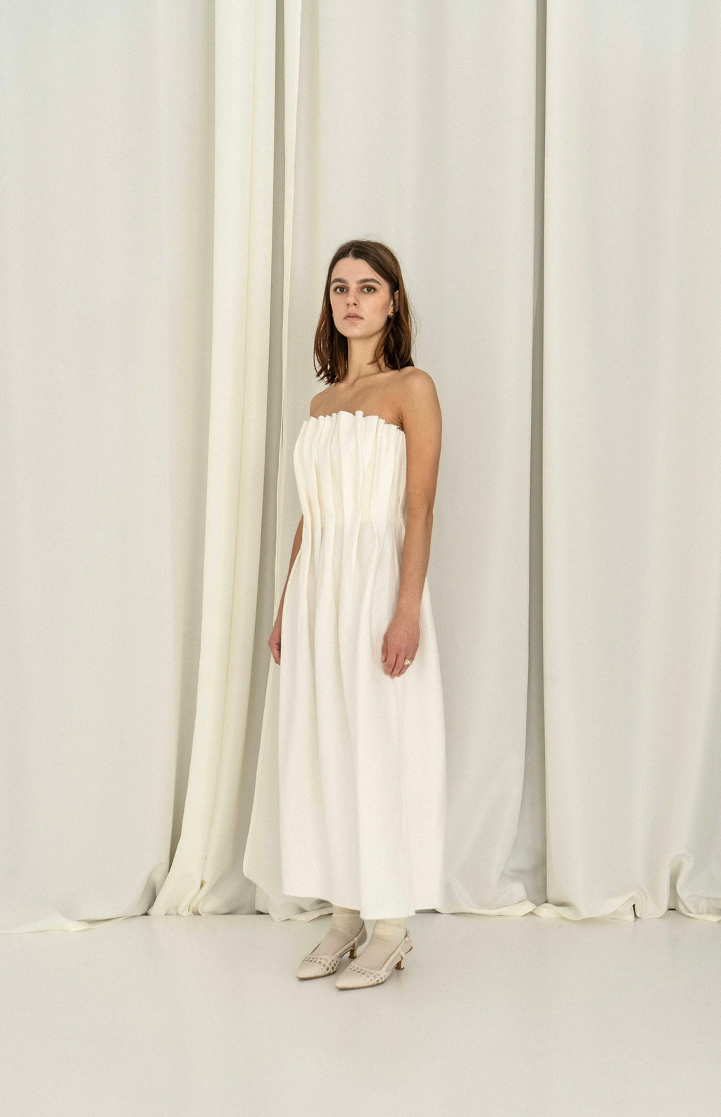 K M by L A N G E Plombir Linen Pleated Dress - Cream