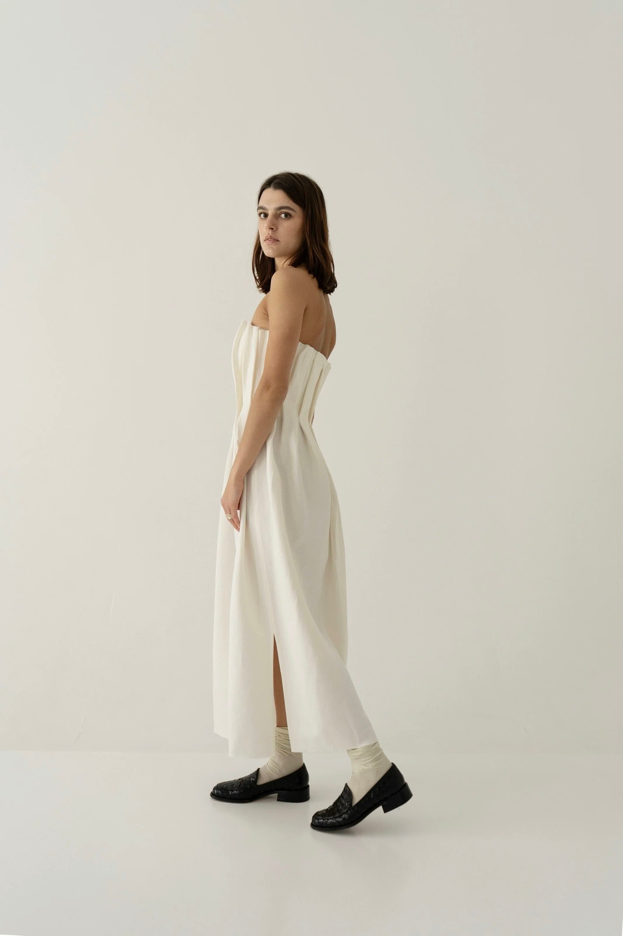 K M by L A N G E Plombir Linen Pleated Dress - Cream