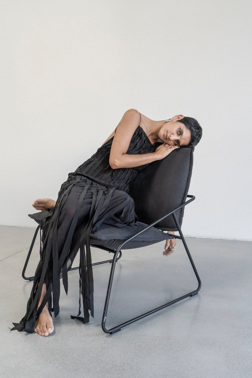 K M by L A N G E Teatralna Pure Silk Strips Dress - Black