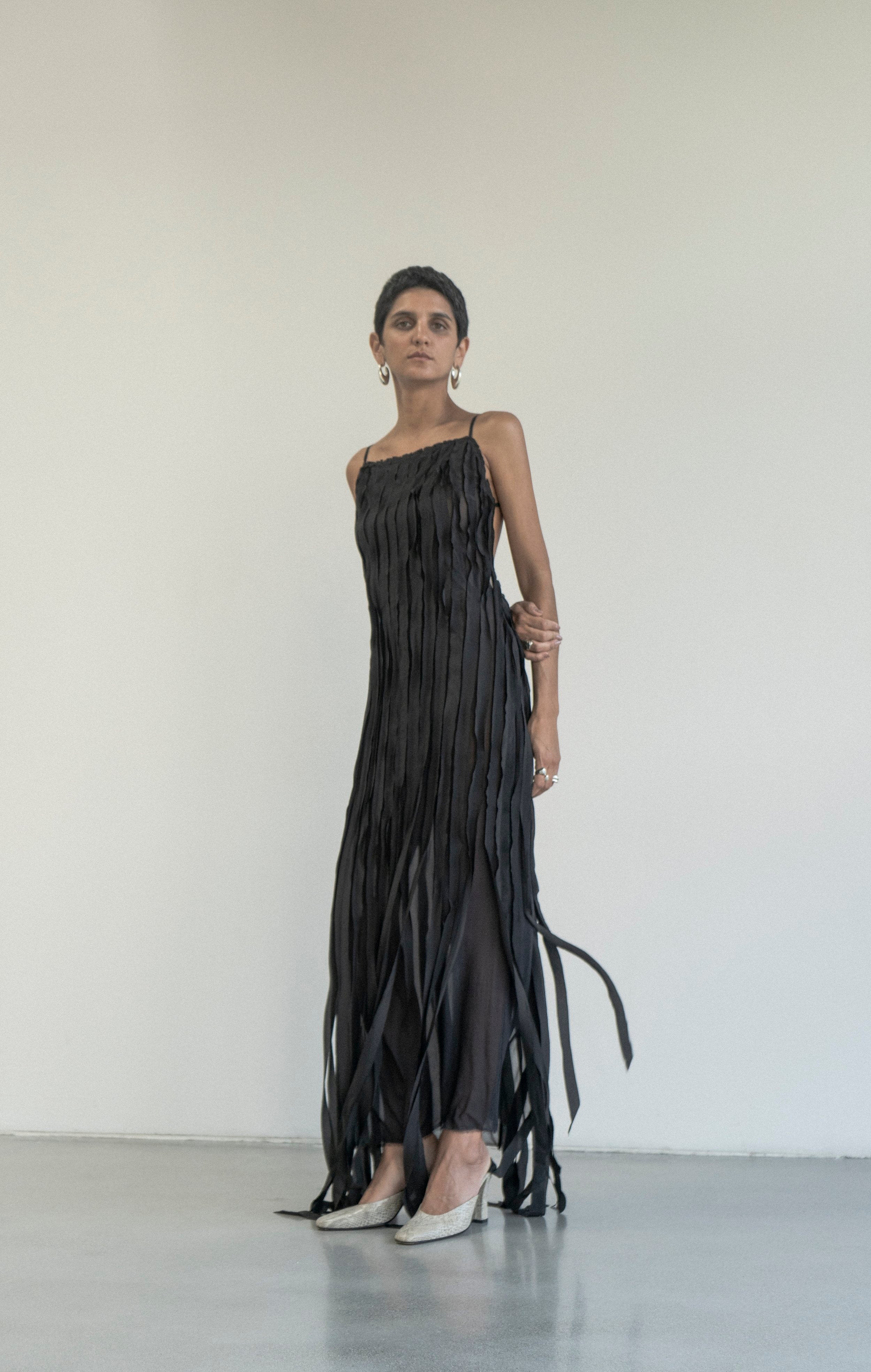 K M by L A N G E Teatralna Pure Silk Strips Dress - Black