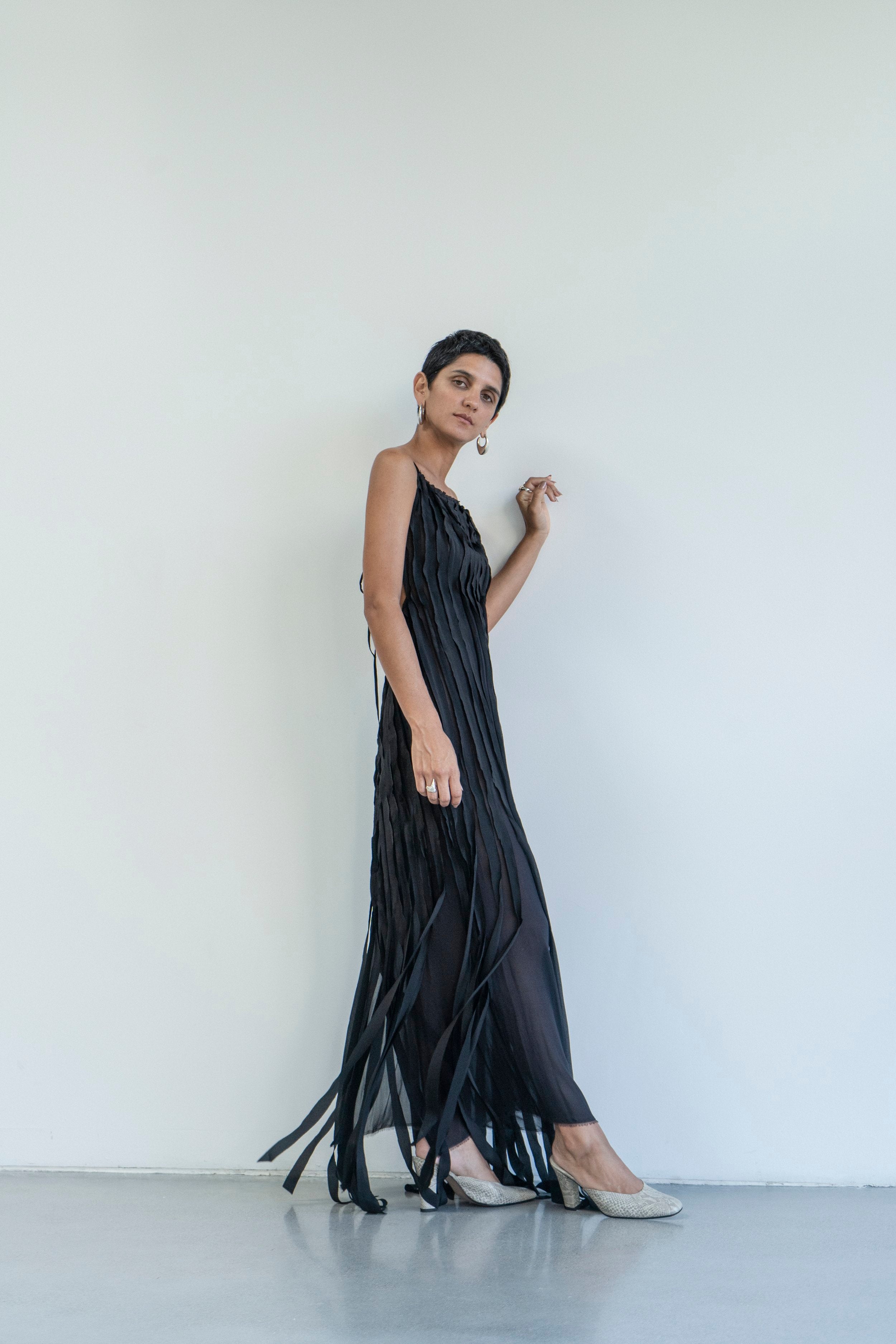 K M by L A N G E Teatralna Pure Silk Strips Dress - Black