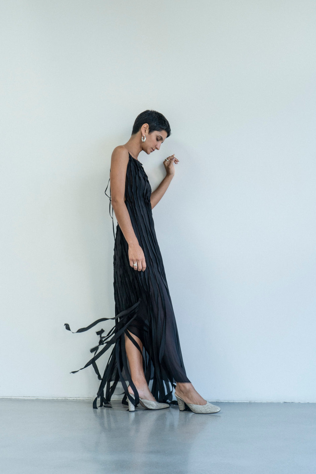K M by L A N G E Teatralna Pure Silk Strips Dress - Black