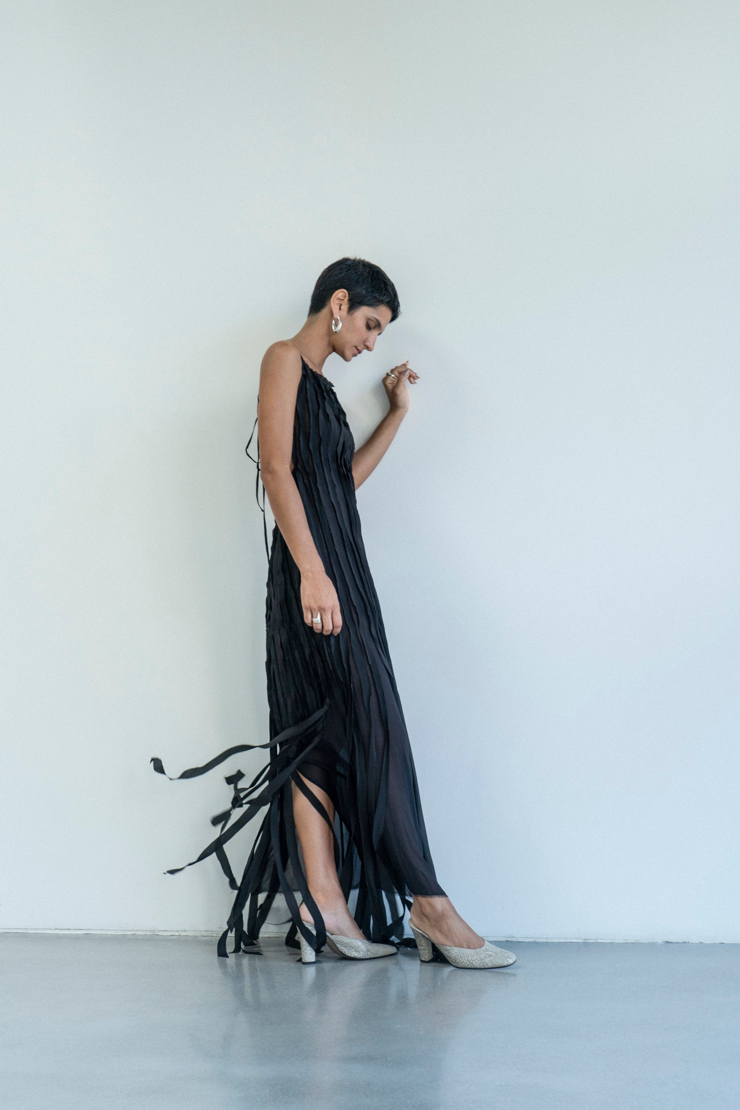 K M by L A N G E Teatralna Pure Silk Strips Dress - Black