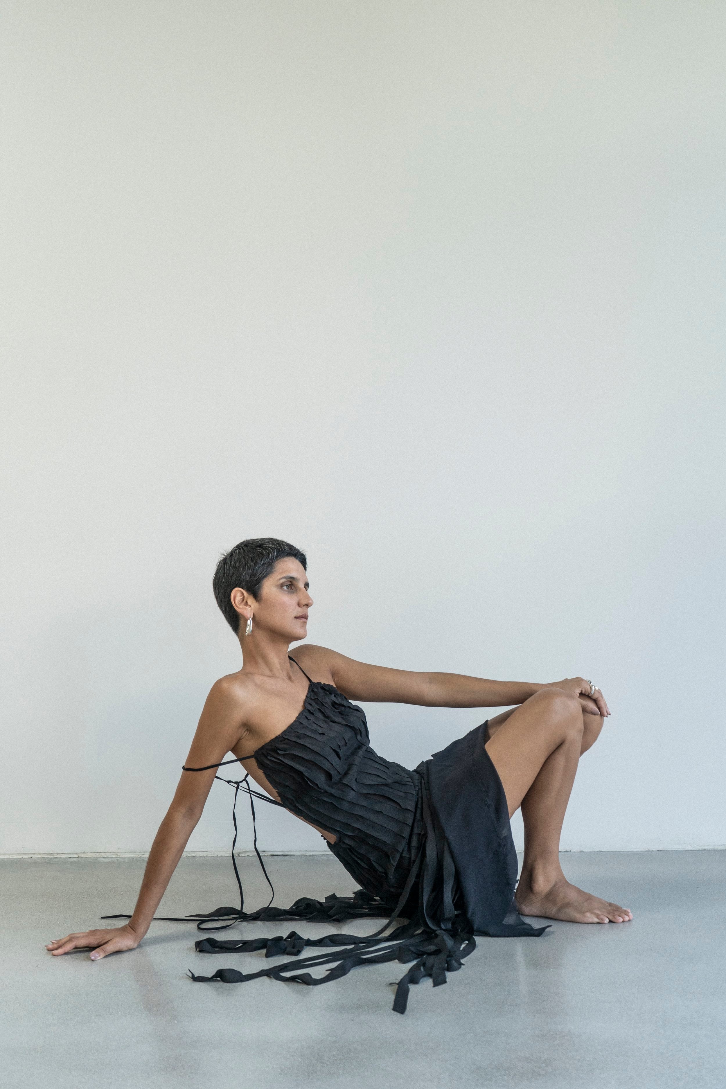 K M by L A N G E Teatralna Pure Silk Strips Dress - Black