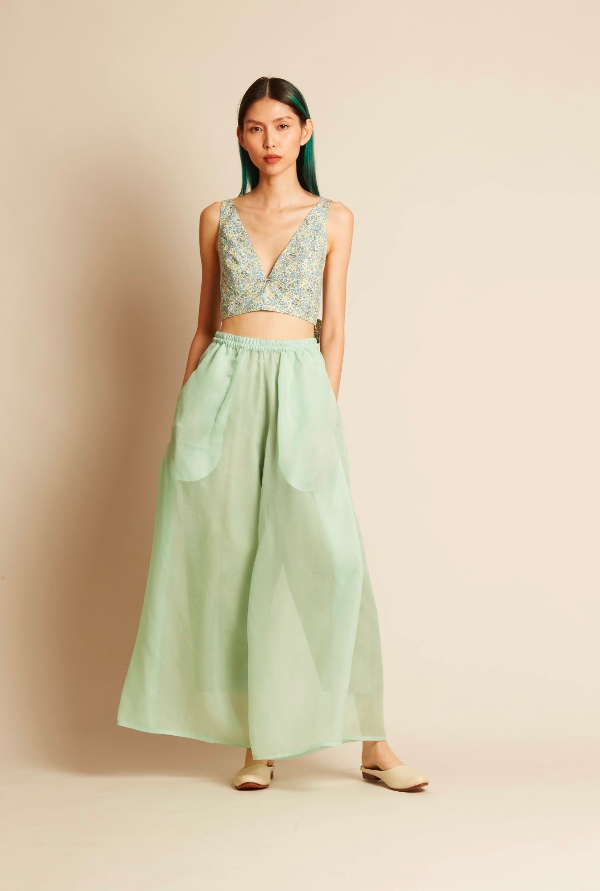 KAAREM La Lan Bralette Open Back Top w/ Tie - Blue Green Floral Print