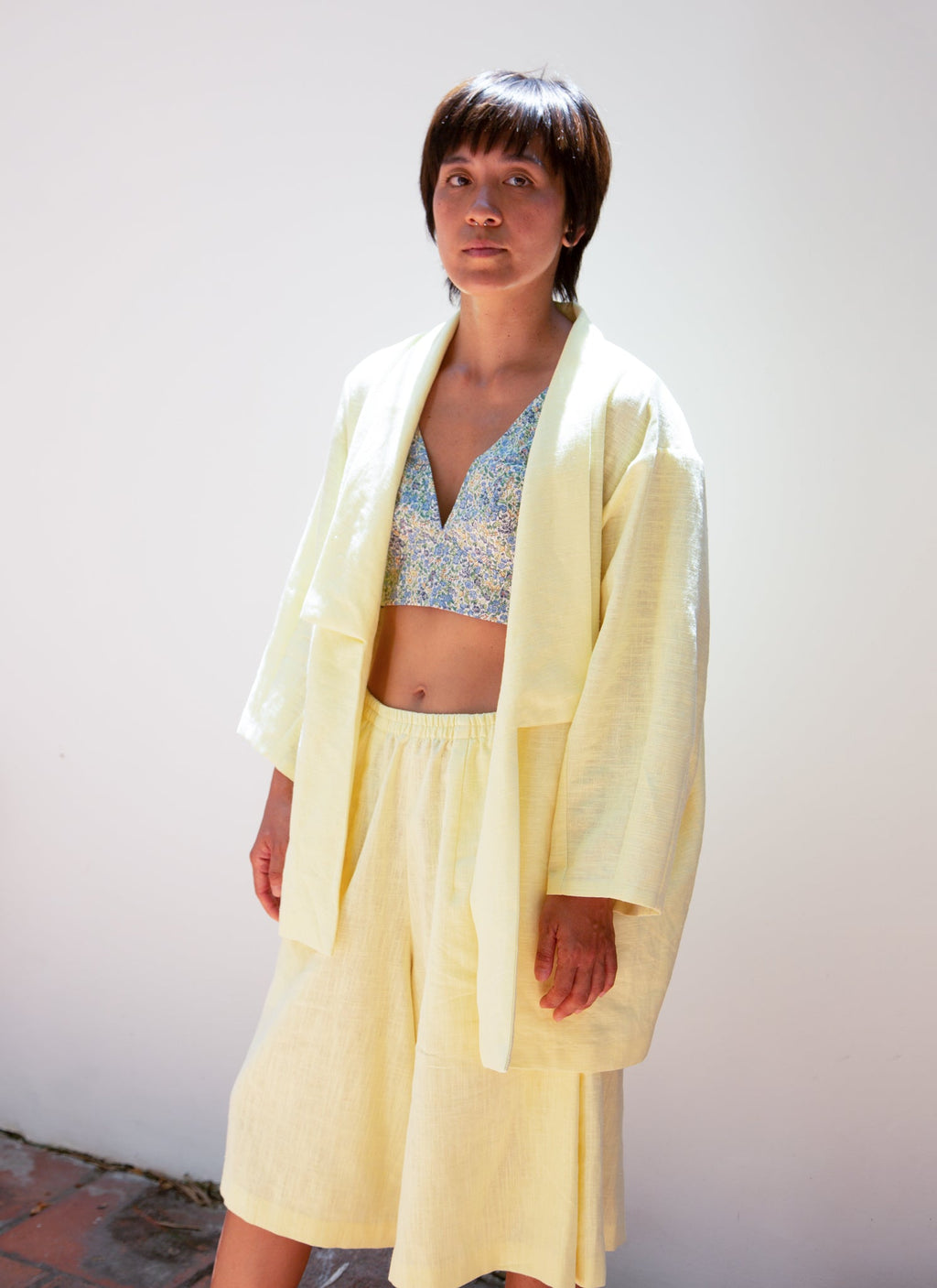 KAAREM La Lan Bralette Open Back Top w/ Tie - Blue Green Floral Print