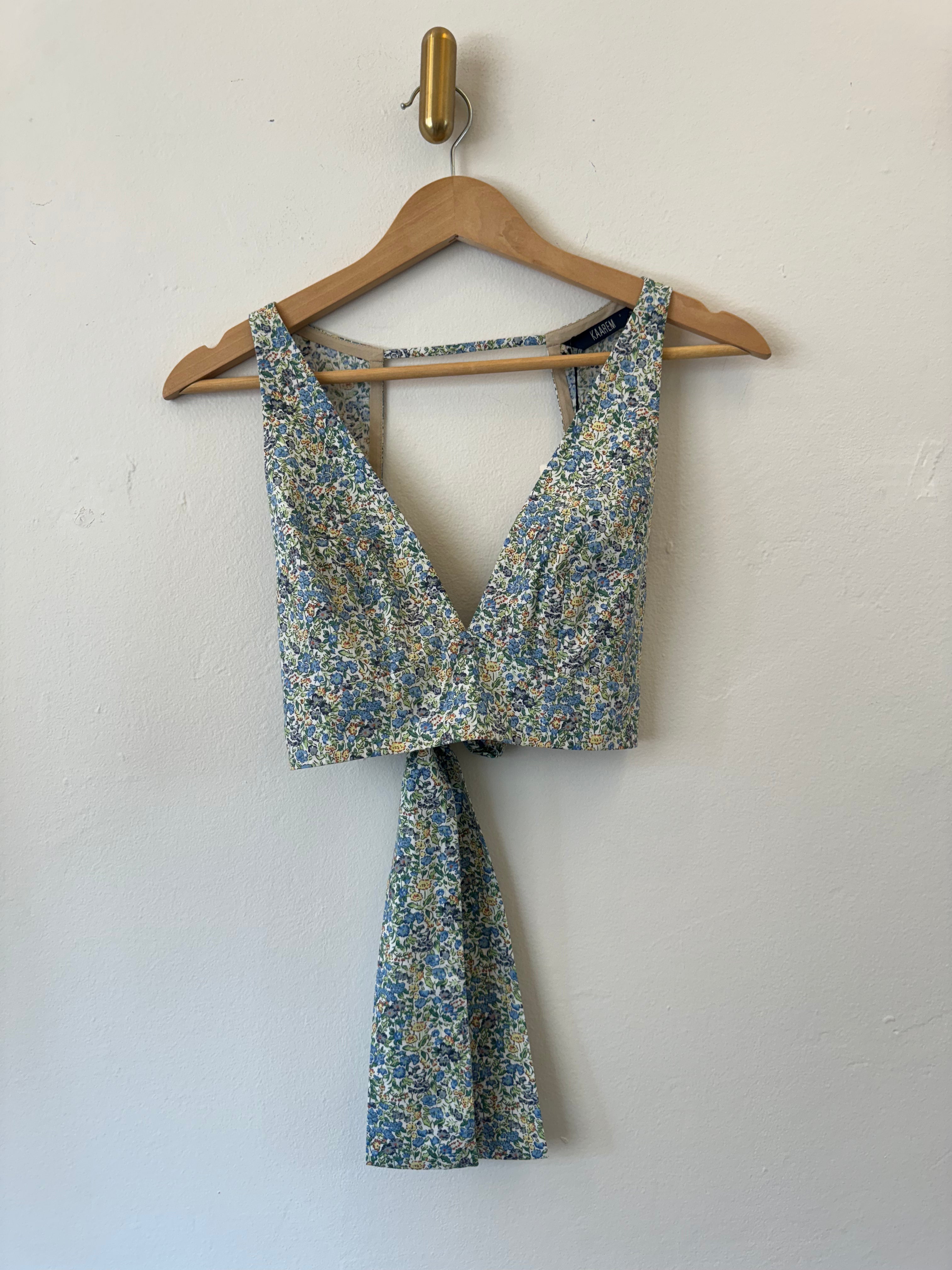 KAAREM La Lan Bralette Open Back Top w/ Tie - Blue Green Floral Print