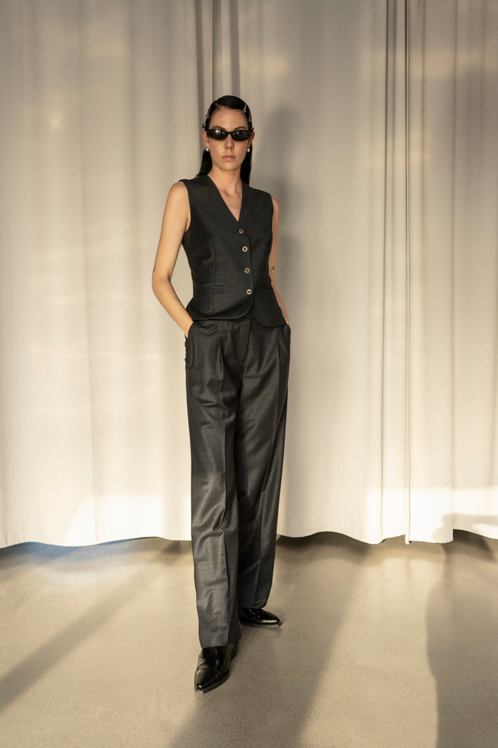 K M by L A N G E Kharkiv Wool Open Back Vest - Grey