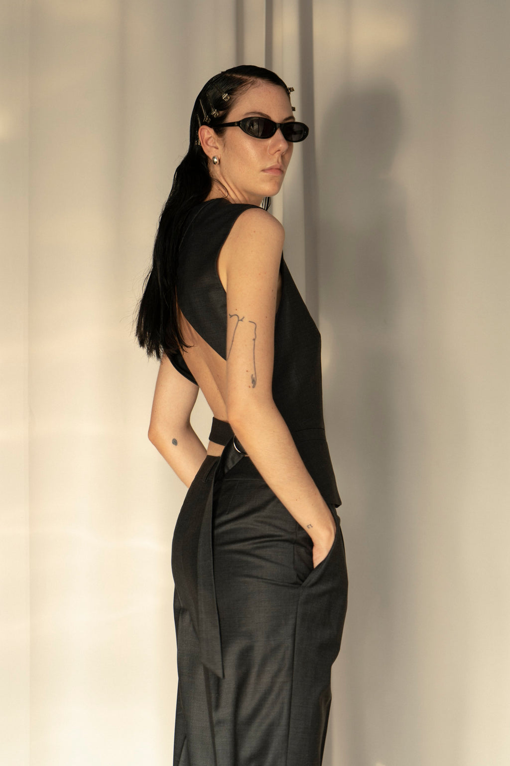 K M by L A N G E Kharkiv Wool Open Back Vest - Grey