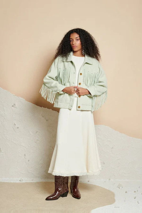 Ghospell Kira Fringe Jacket - Pale Sage