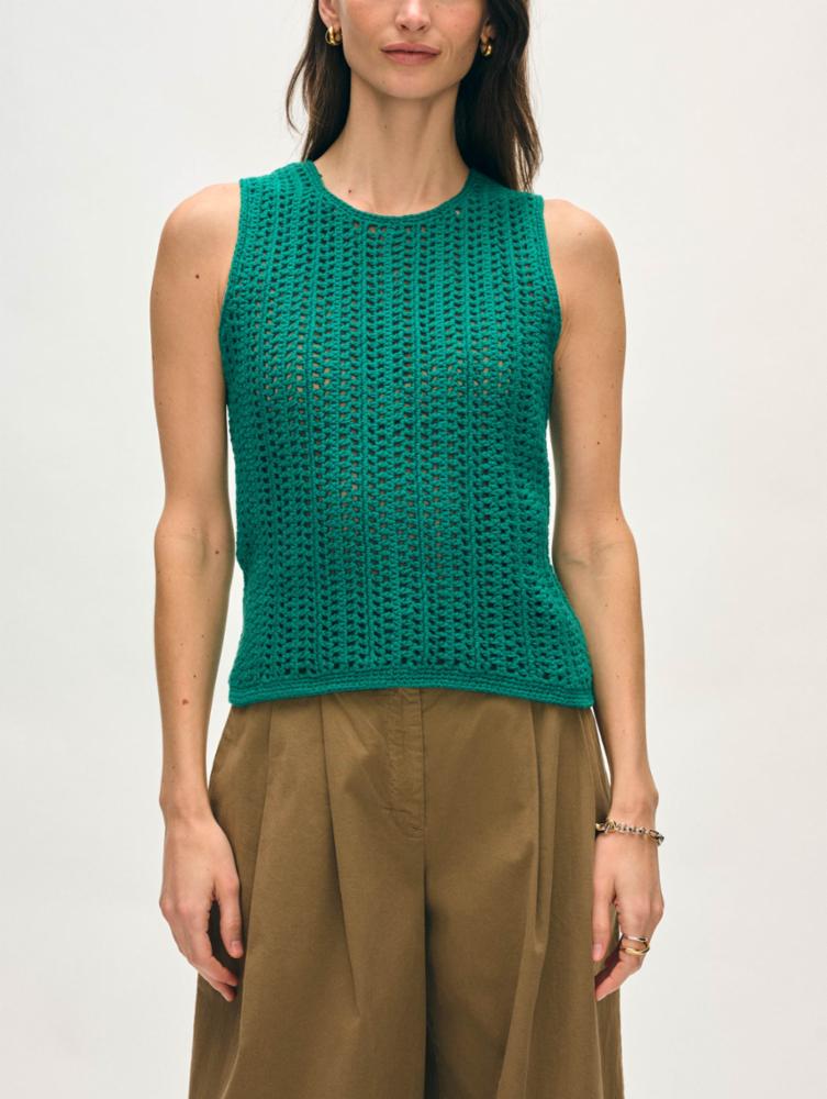 White + Warren Lofty Cotton Crochet Sleeveless Tank - Teal Green