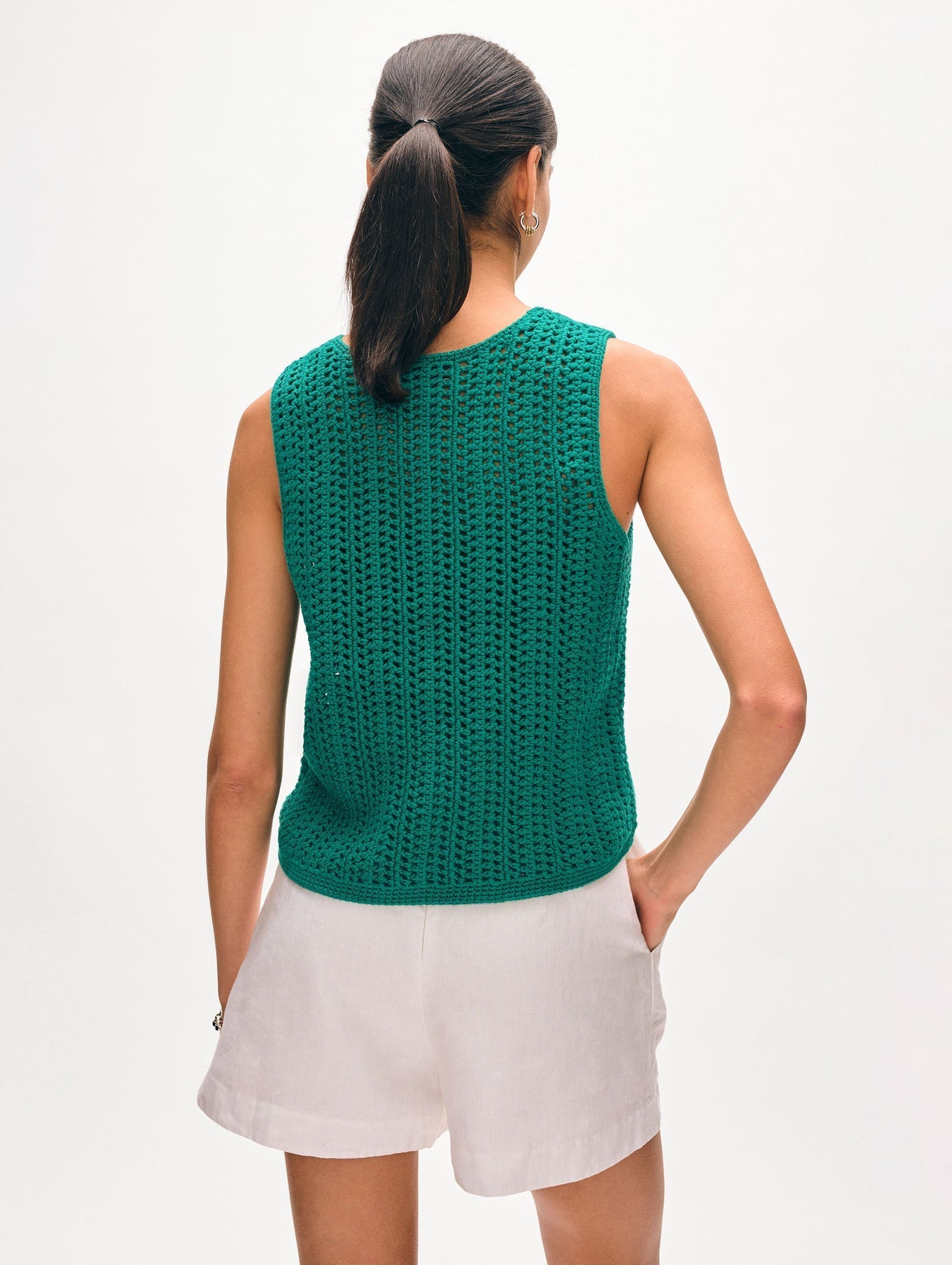 White + Warren Lofty Cotton Crochet Sleeveless Tank - Teal Green