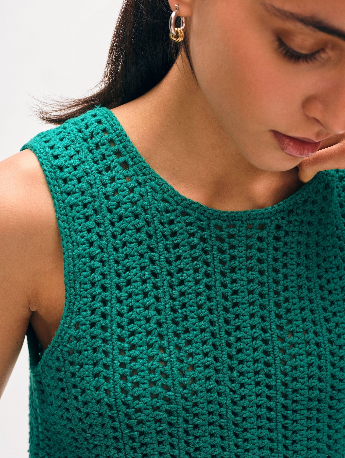 White + Warren Lofty Cotton Crochet Sleeveless Tank - Teal Green