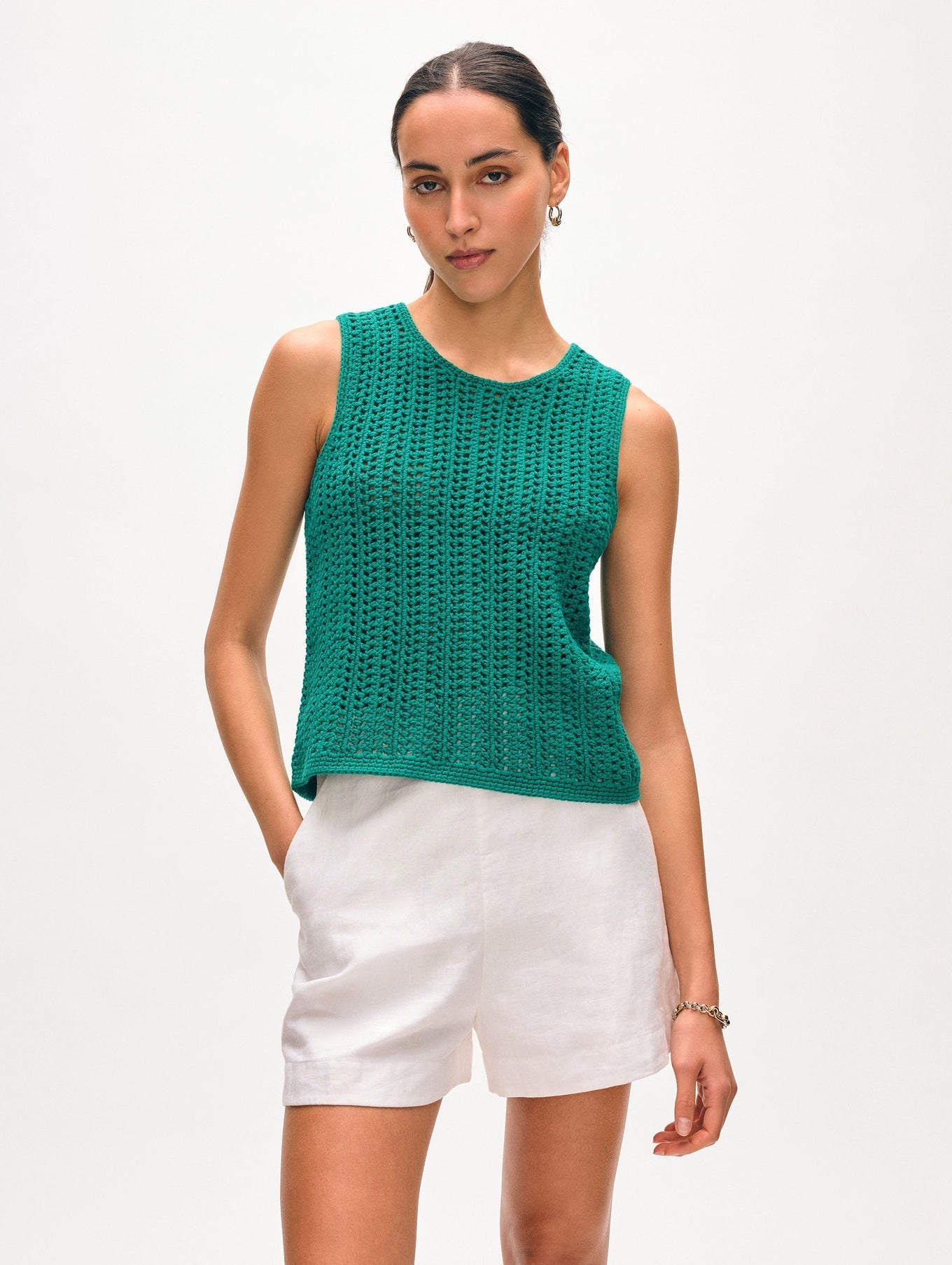 White + Warren Lofty Cotton Crochet Sleeveless Tank - Teal Green