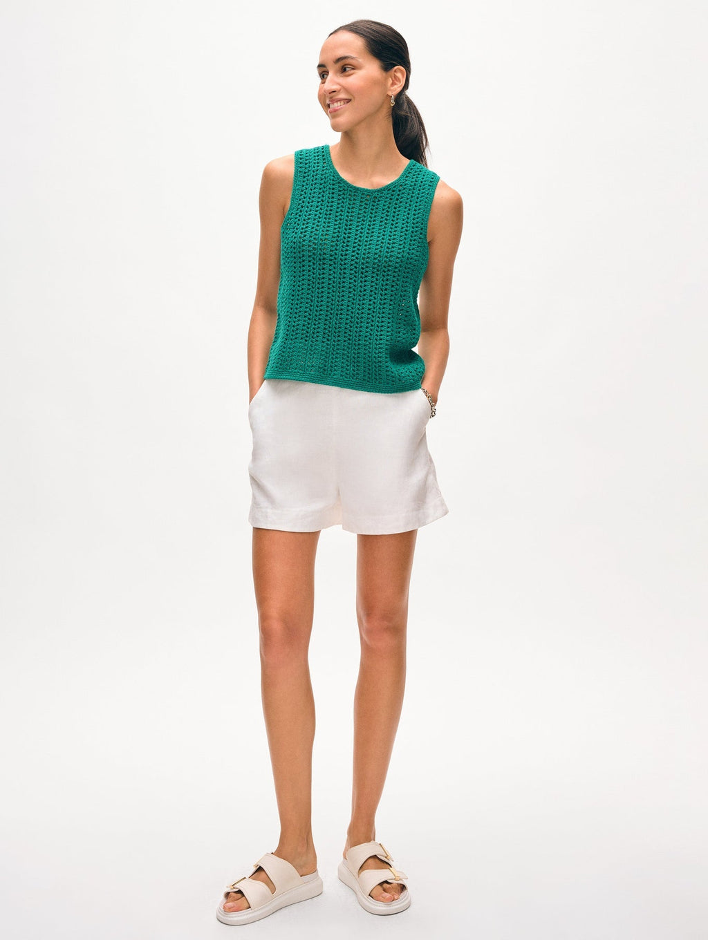 White + Warren Lofty Cotton Crochet Sleeveless Tank - Teal Green