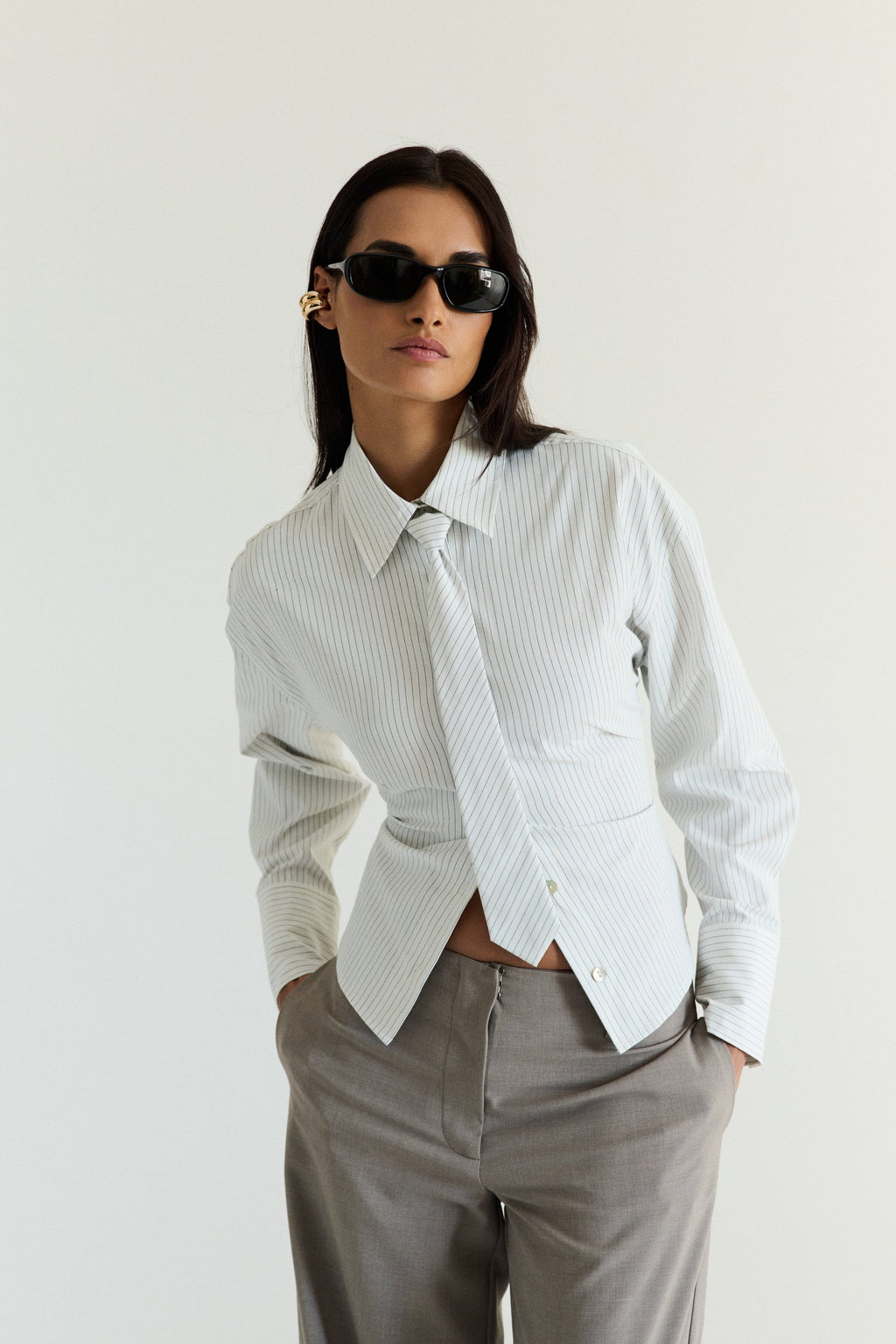 NIA Lace Back Striped Button-Up with Tie