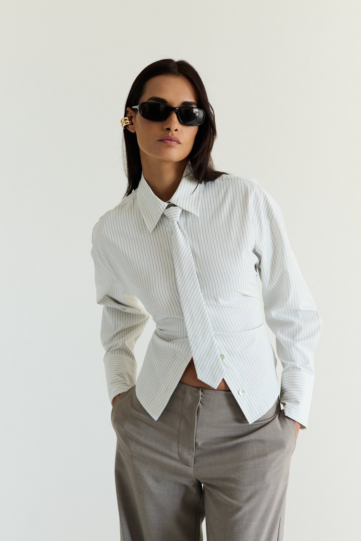 NIA Lace Back Striped Button-Up with Tie