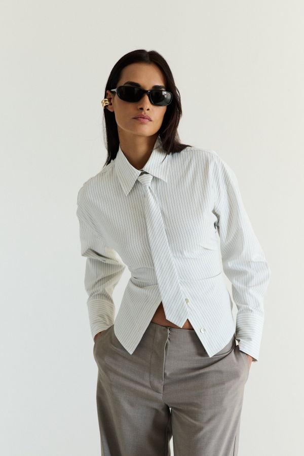 NIA Lace Back Striped Button-Up with Tie