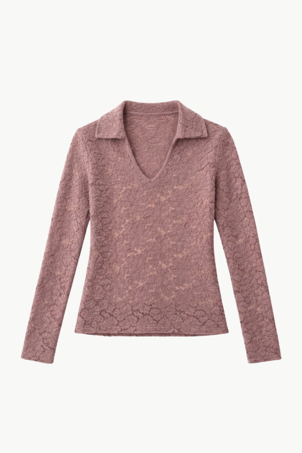 VINCE Lace Long Sleeve Polo Top - Smoky Berry
