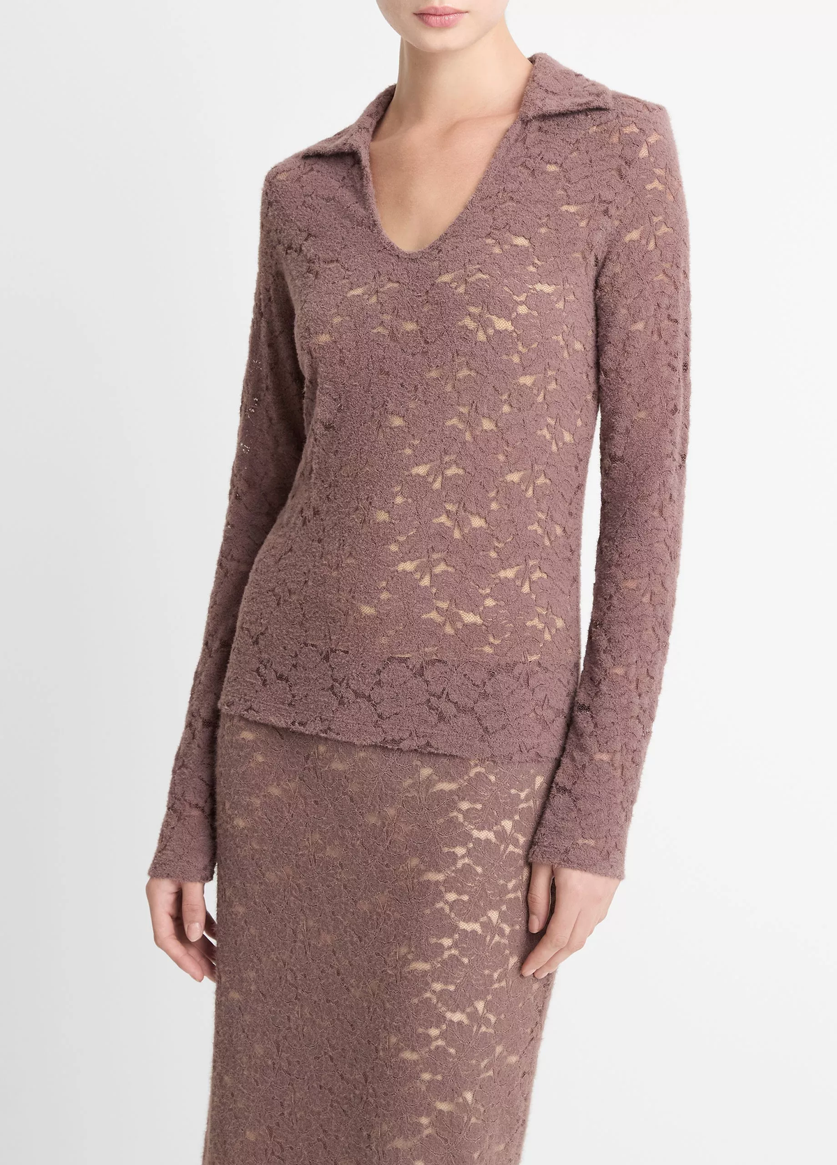 VINCE Lace Long Sleeve Polo Top - Smoky Berry