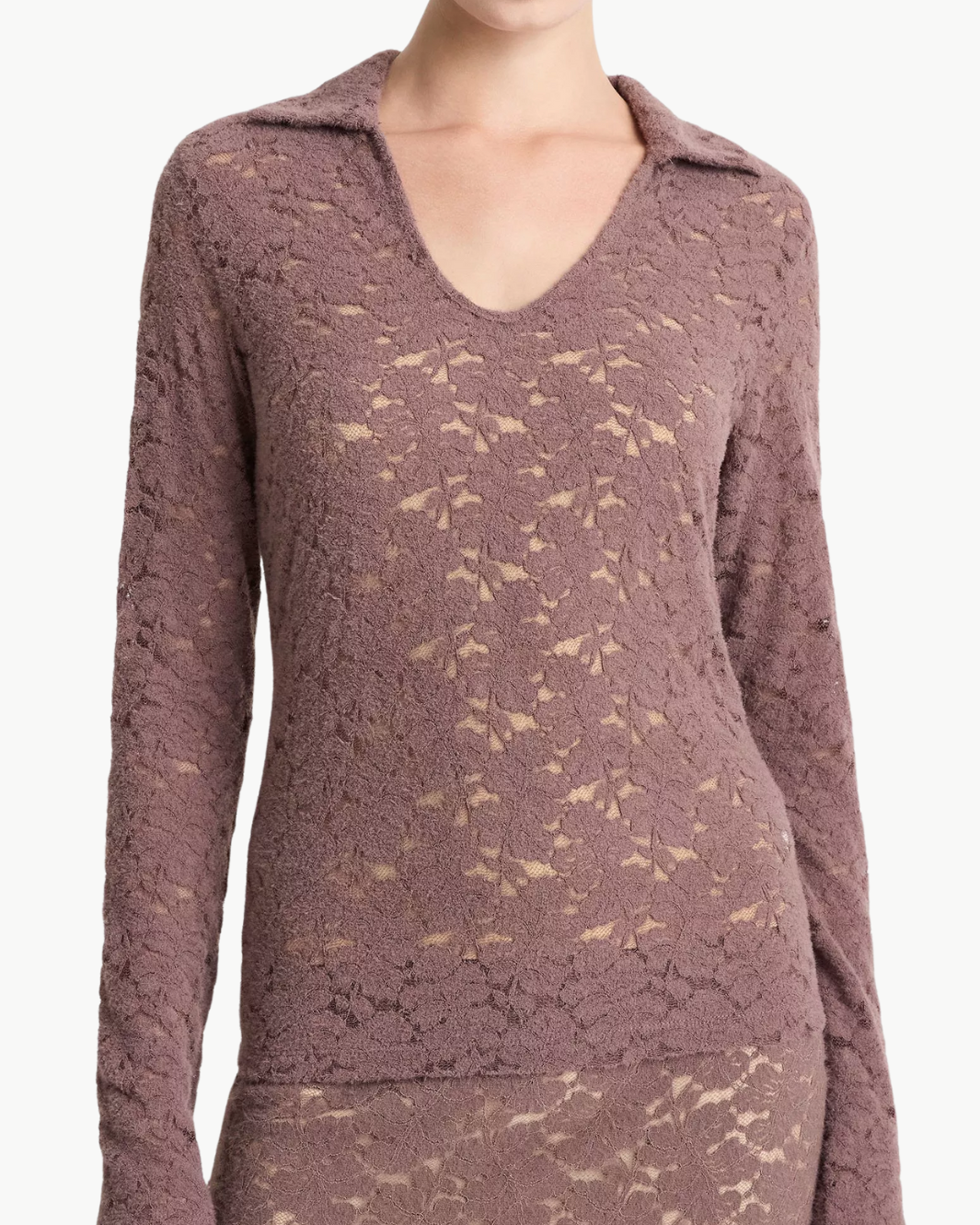 VINCE Lace Long Sleeve Polo Top - Smoky Berry