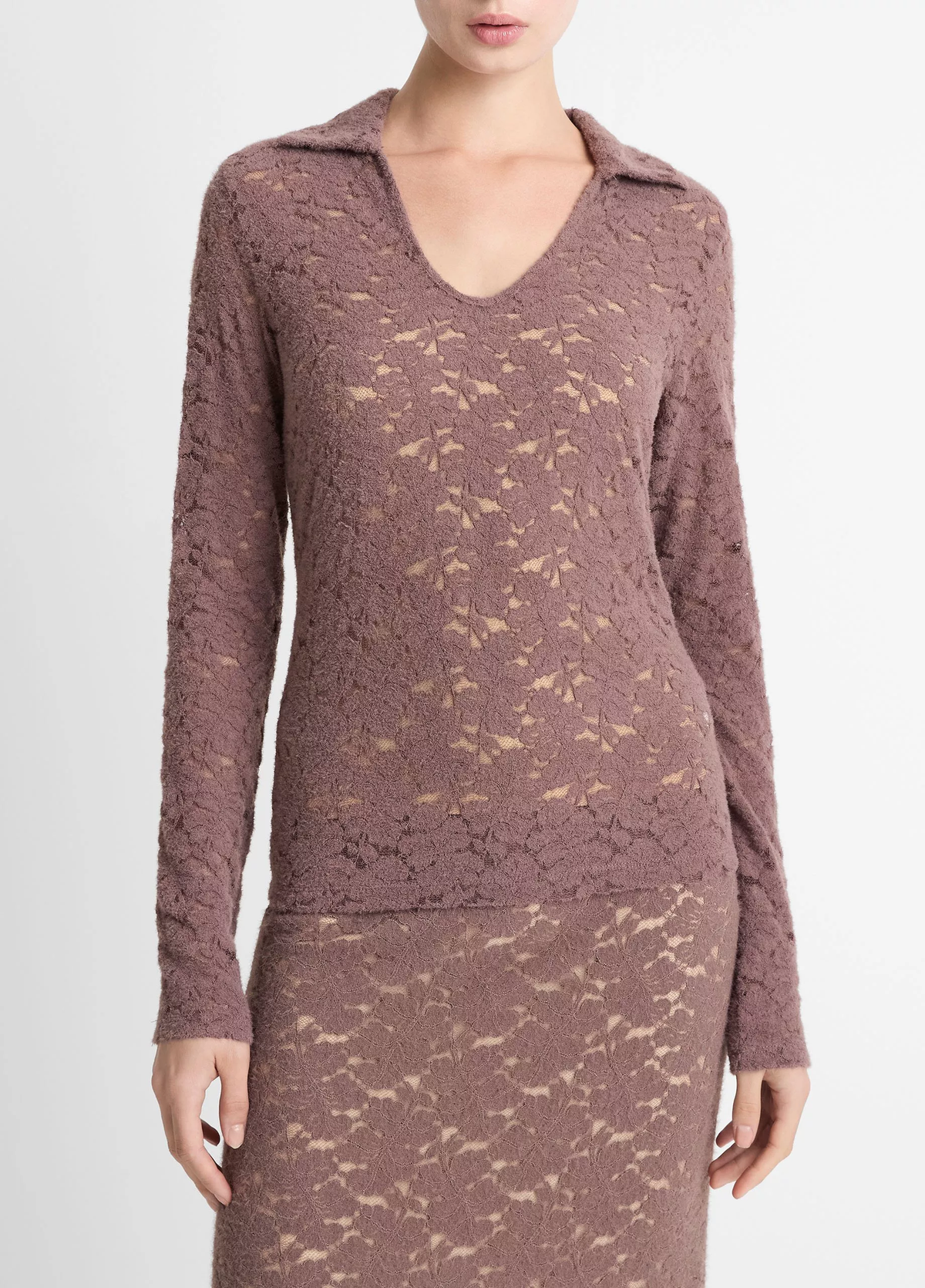 VINCE Lace Long Sleeve Polo Top - Smoky Berry