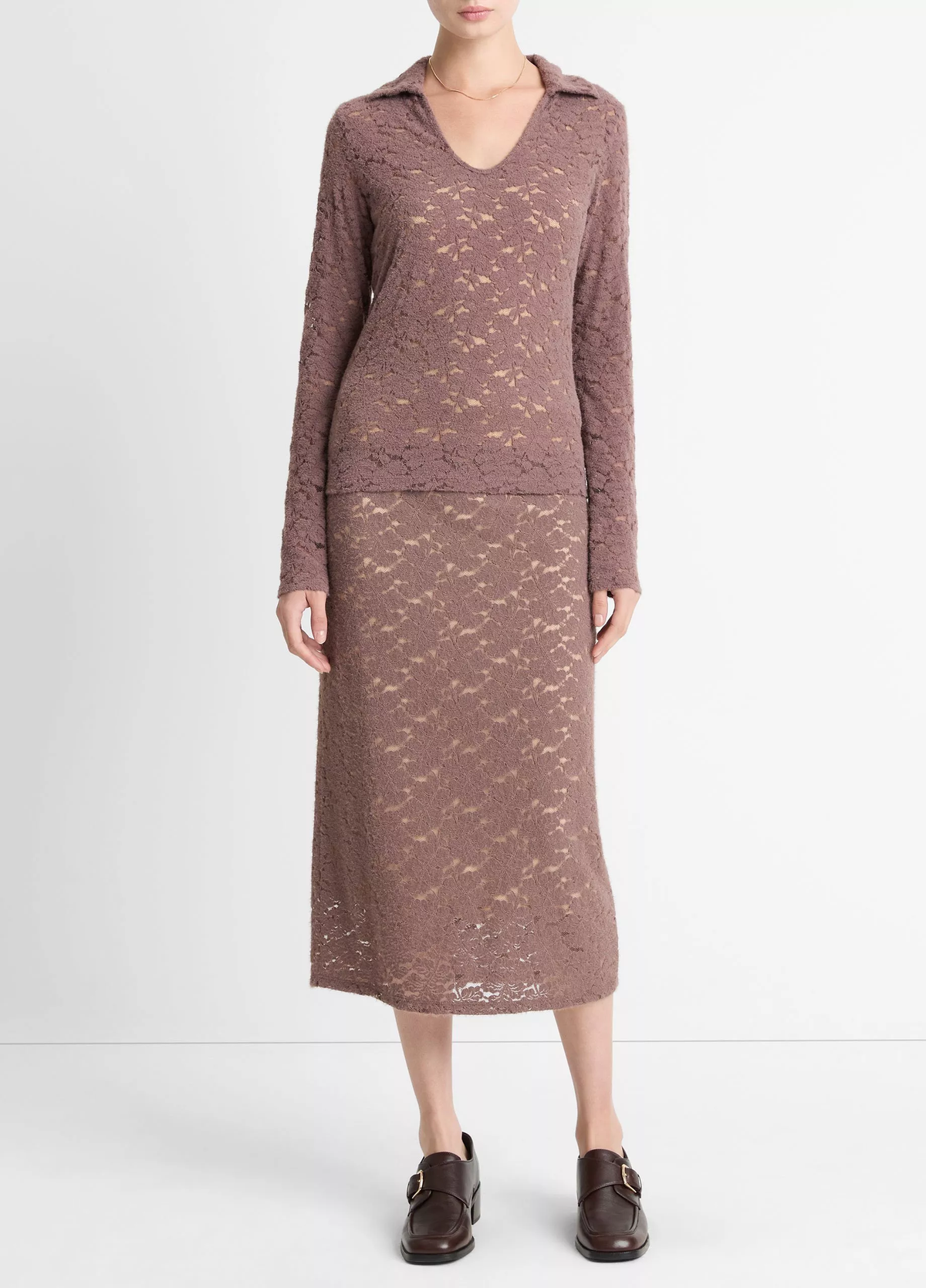 VINCE Lace Long Sleeve Polo Top - Smoky Berry