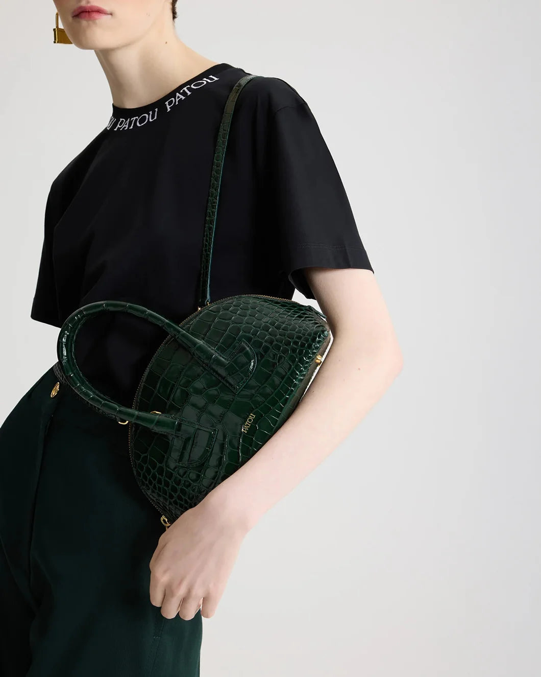 Patou Le Patou Bowling Bag in Crocodile-Embossed Leather - Green