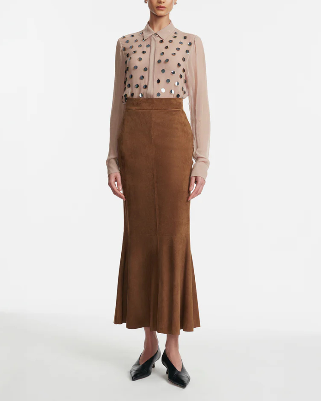 Lela Rose Paillette Embroidered Georgette Shirt - Taupe