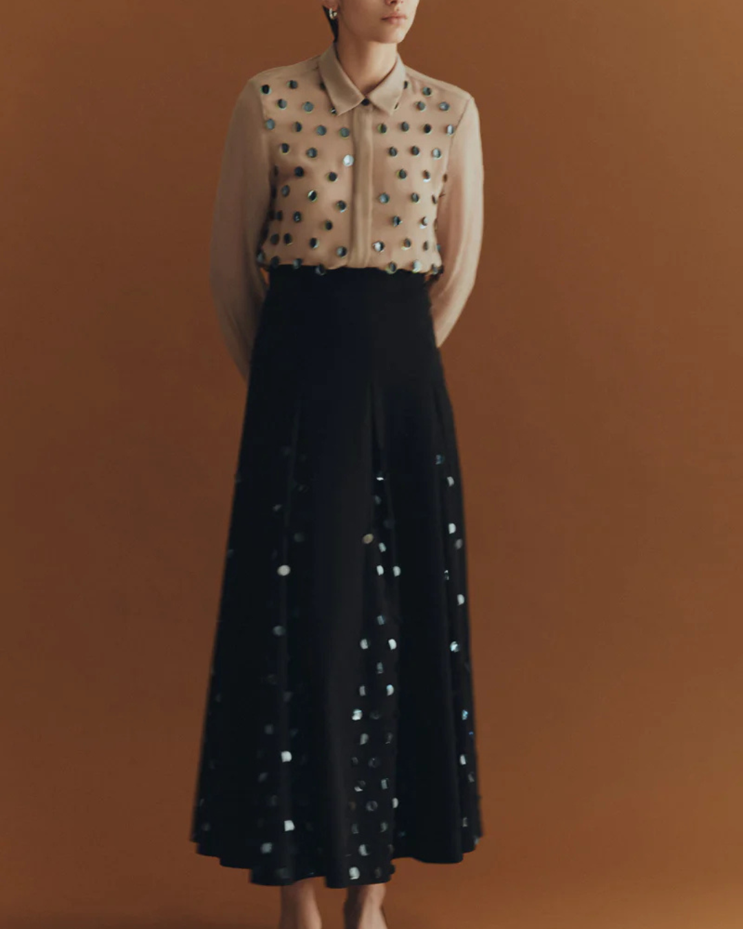 Lela Rose Paillette Embroidered Georgette Shirt - Taupe