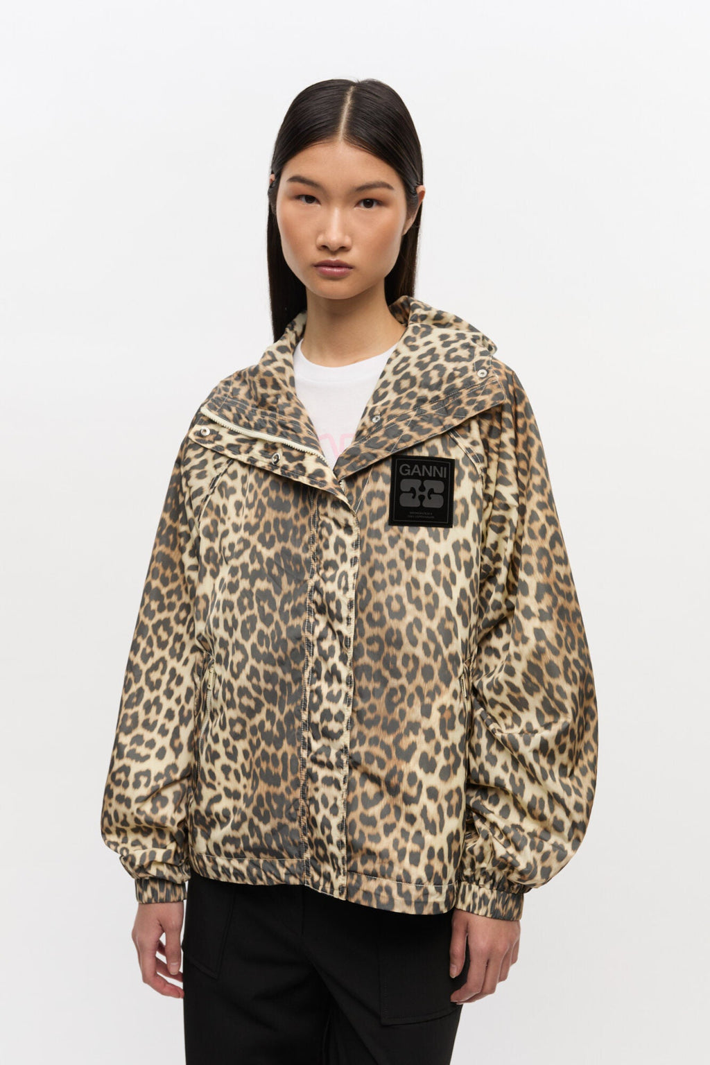 Ganni Leopard Print Nylon Jacket - Almond Milk