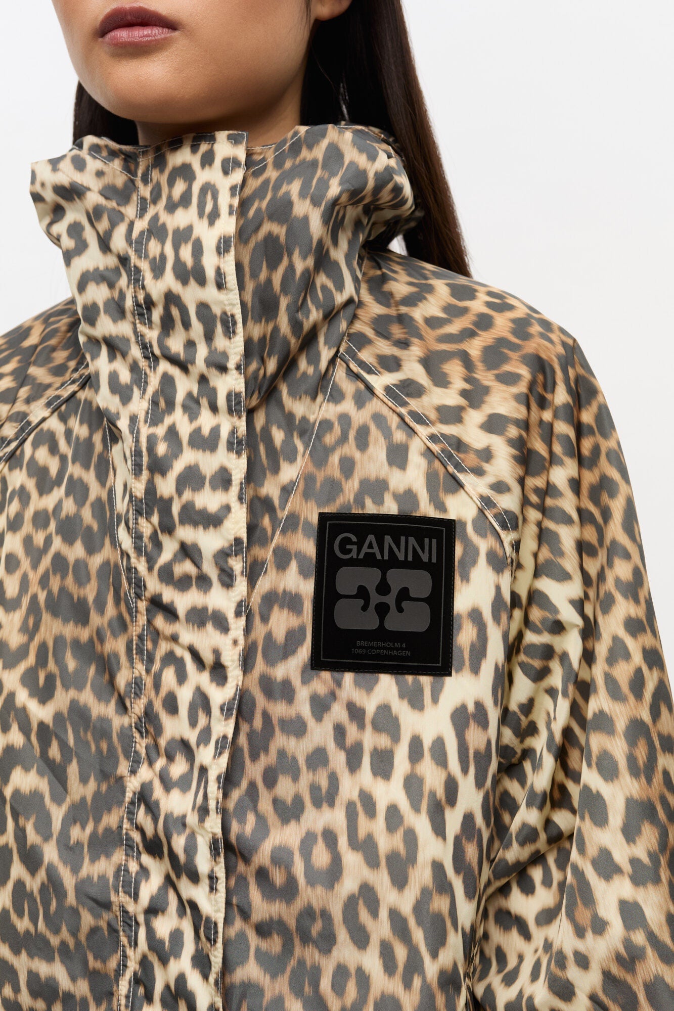 Ganni Leopard Print Nylon Jacket - Almond Milk