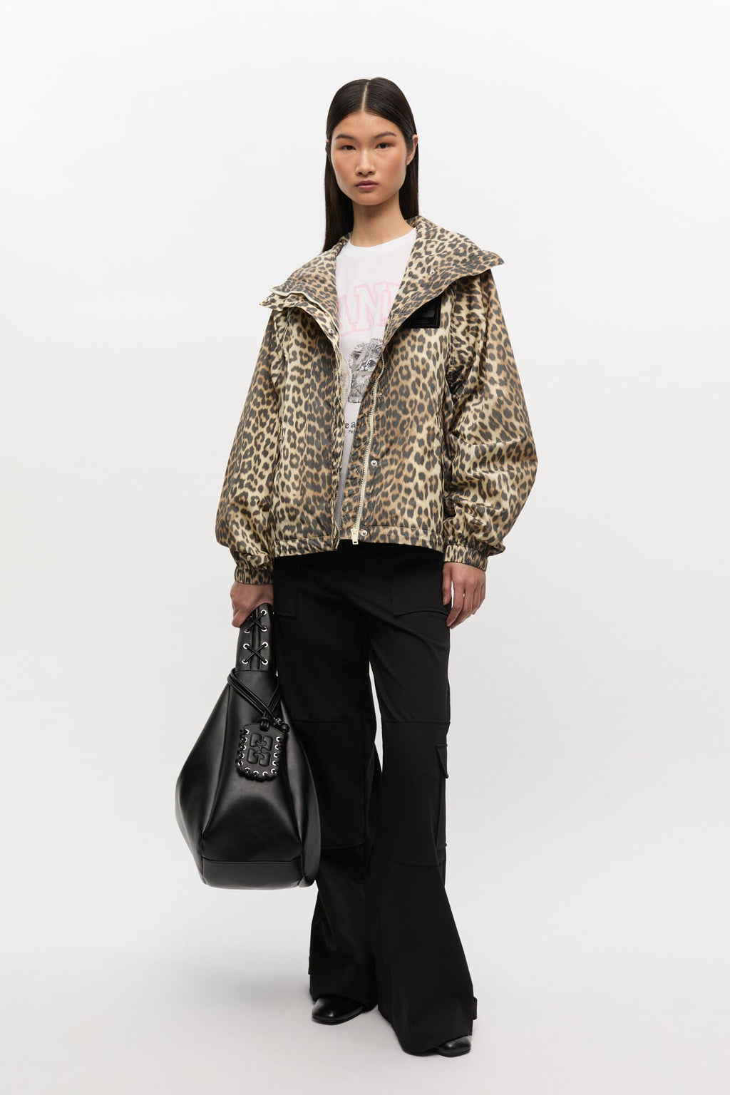 Ganni Leopard Print Nylon Jacket - Almond Milk