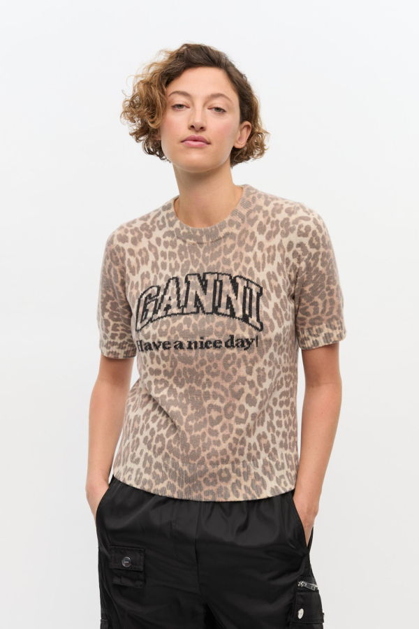 Ganni Leopard Wool Mix T-shirt