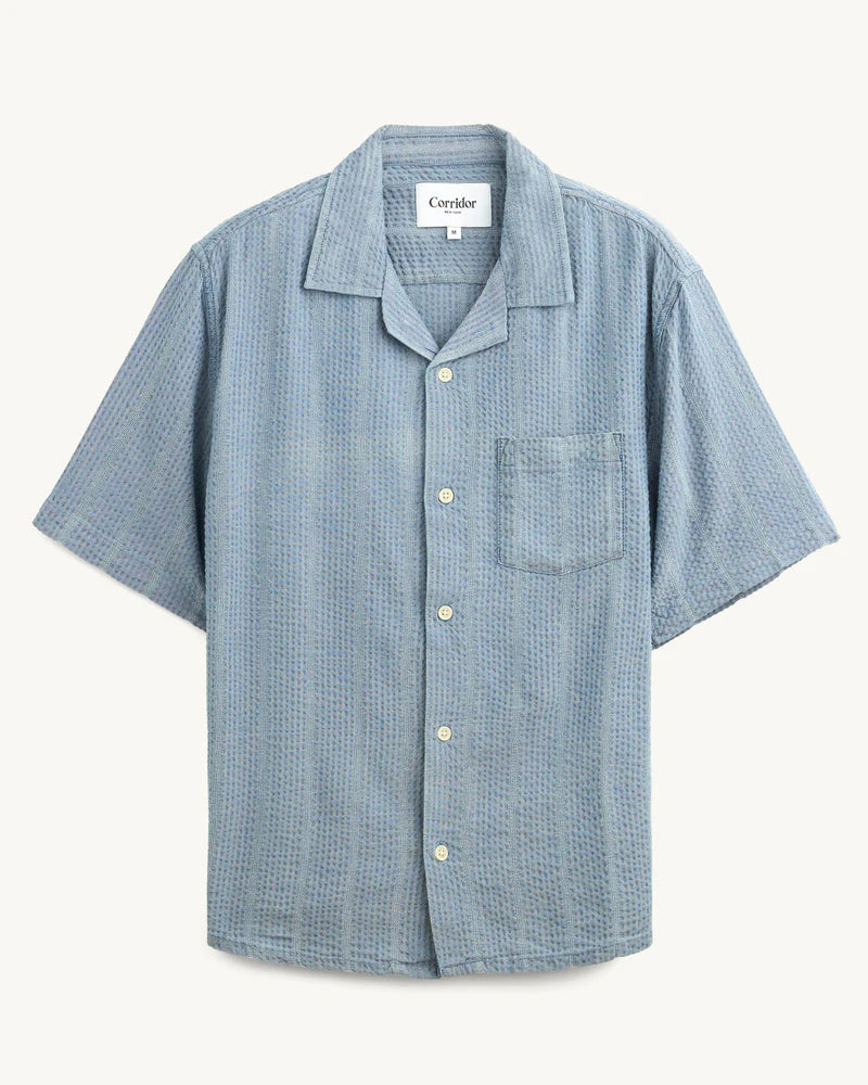Corridor Light Blue Striped Seersucker Short Sleeve Button Up Shirt