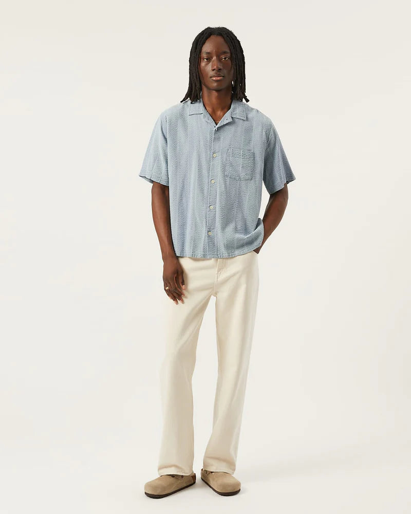 Corridor Light Blue Striped Seersucker Short Sleeve Button Up Shirt