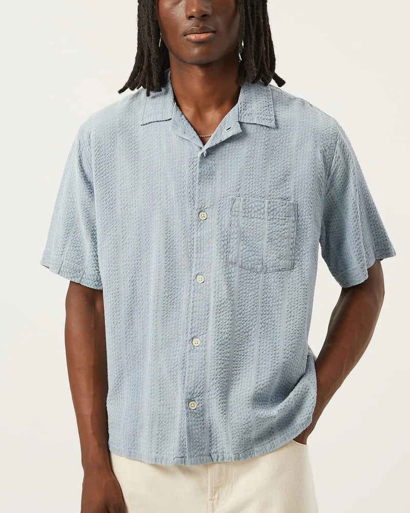 Corridor Light Blue Striped Seersucker Short Sleeve Button Up Shirt