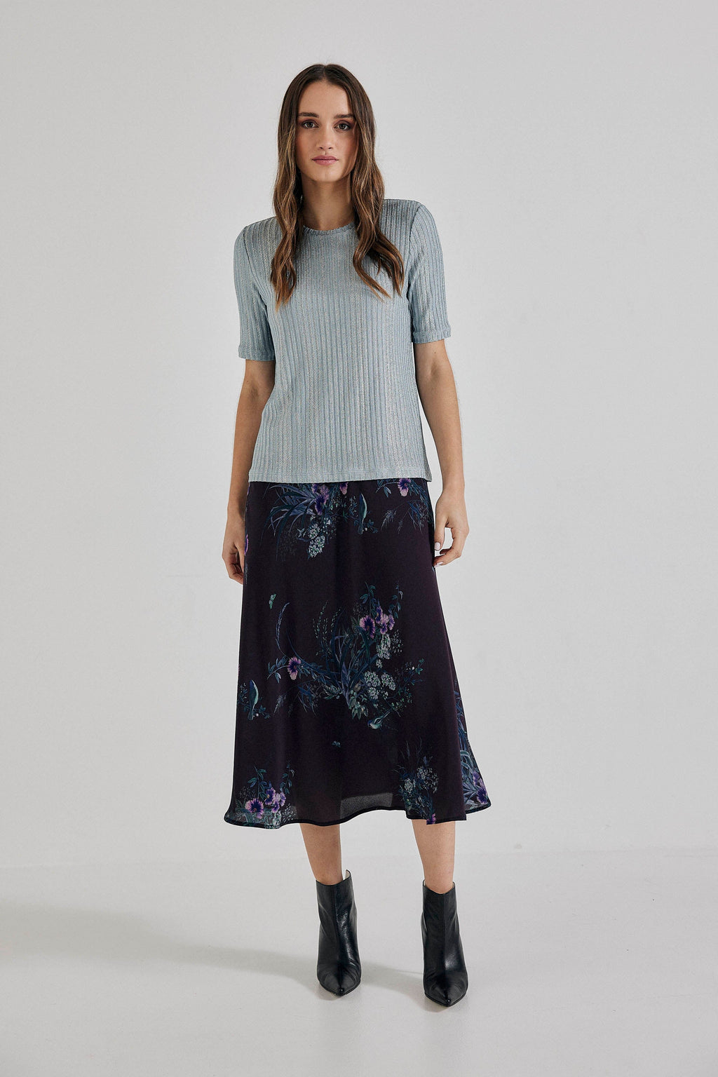 Lindsay Nicholas New York Silk Duchess Midi Skirt - Plum Bird/Fleur