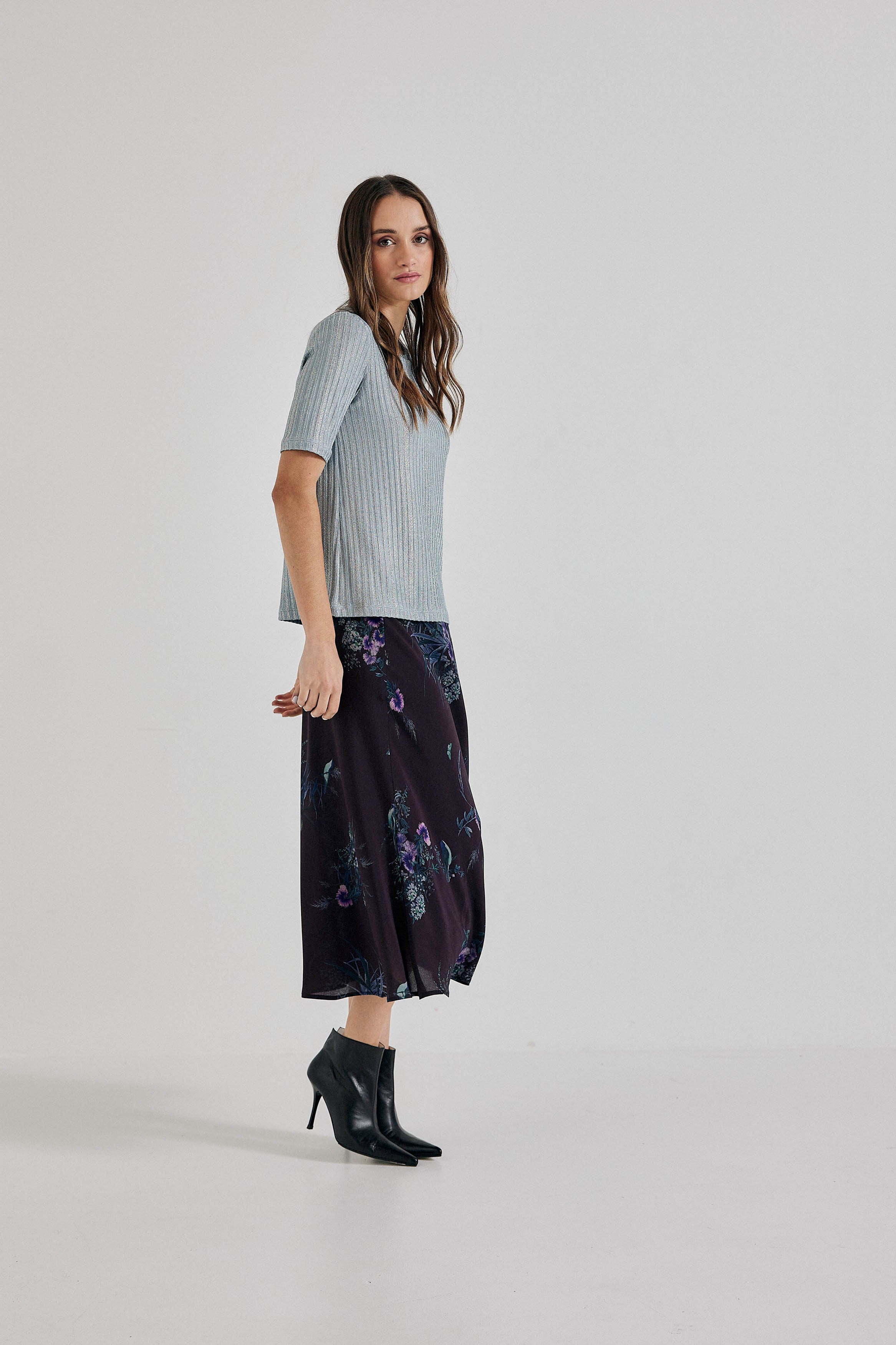 Lindsay Nicholas New York Silk Duchess Midi Skirt - Plum Bird/Fleur
