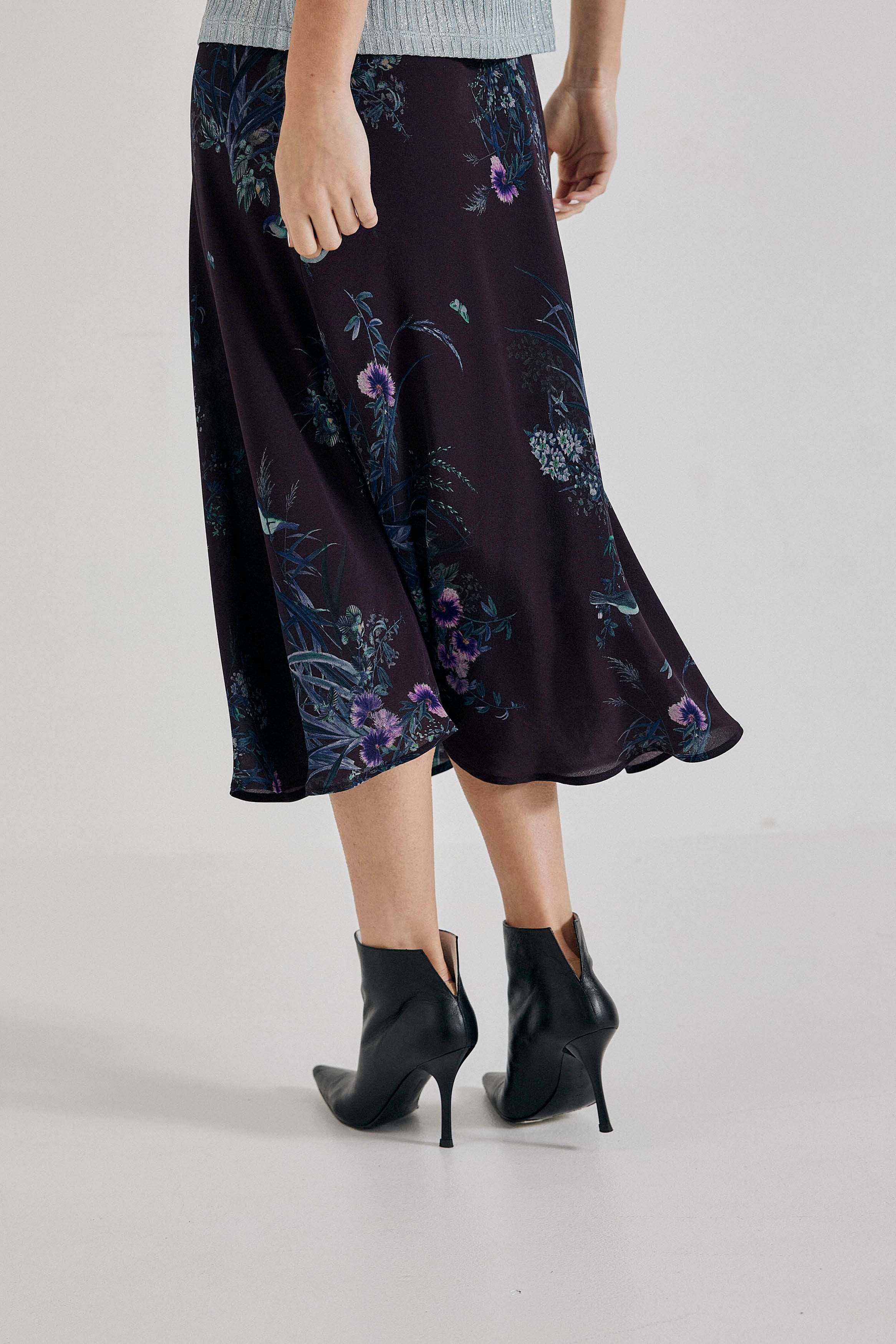 Lindsay Nicholas New York Silk Duchess Midi Skirt - Plum Bird/Fleur