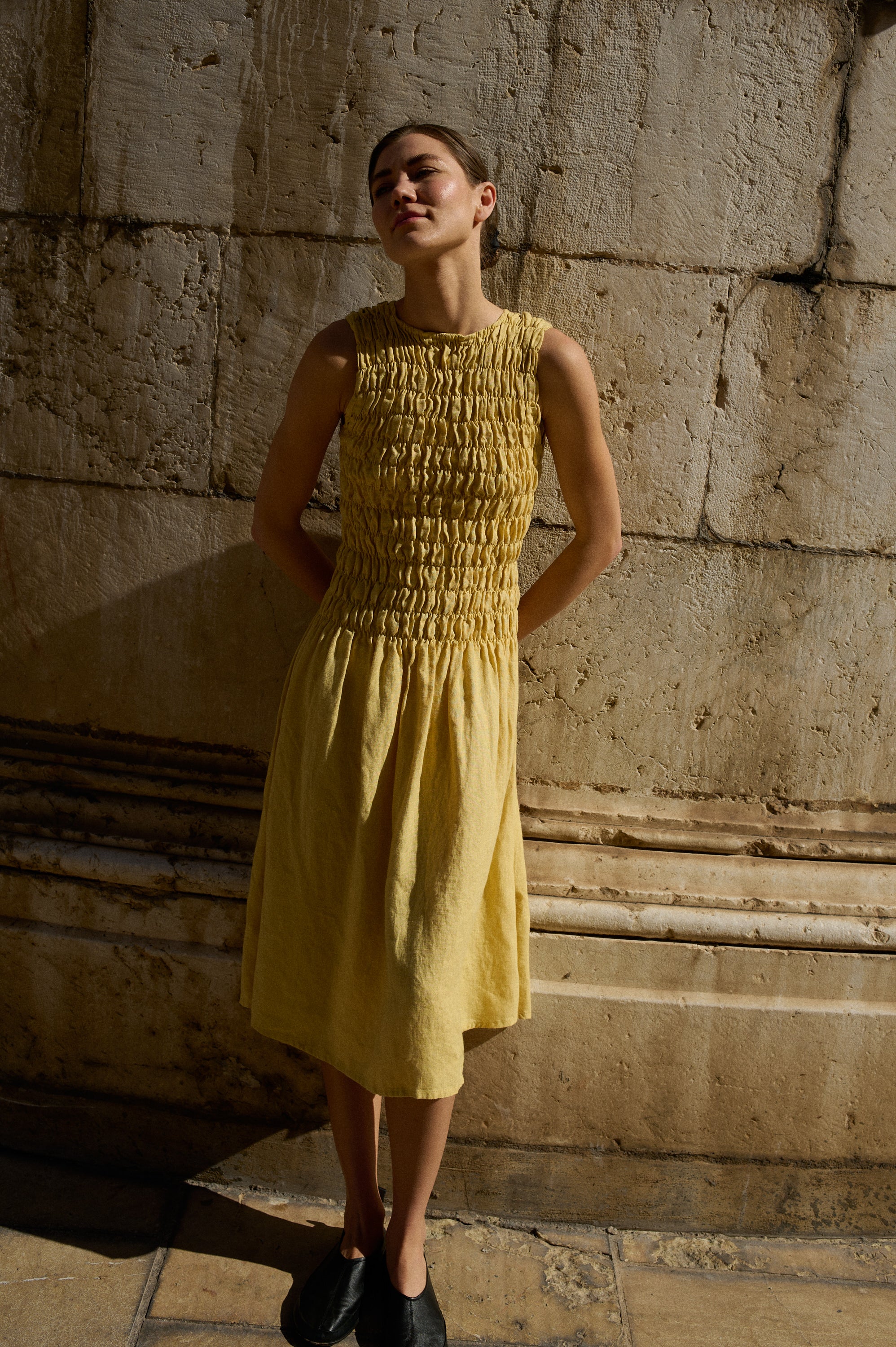 Linenfox Emilija Smocked Linen Dress - Butter