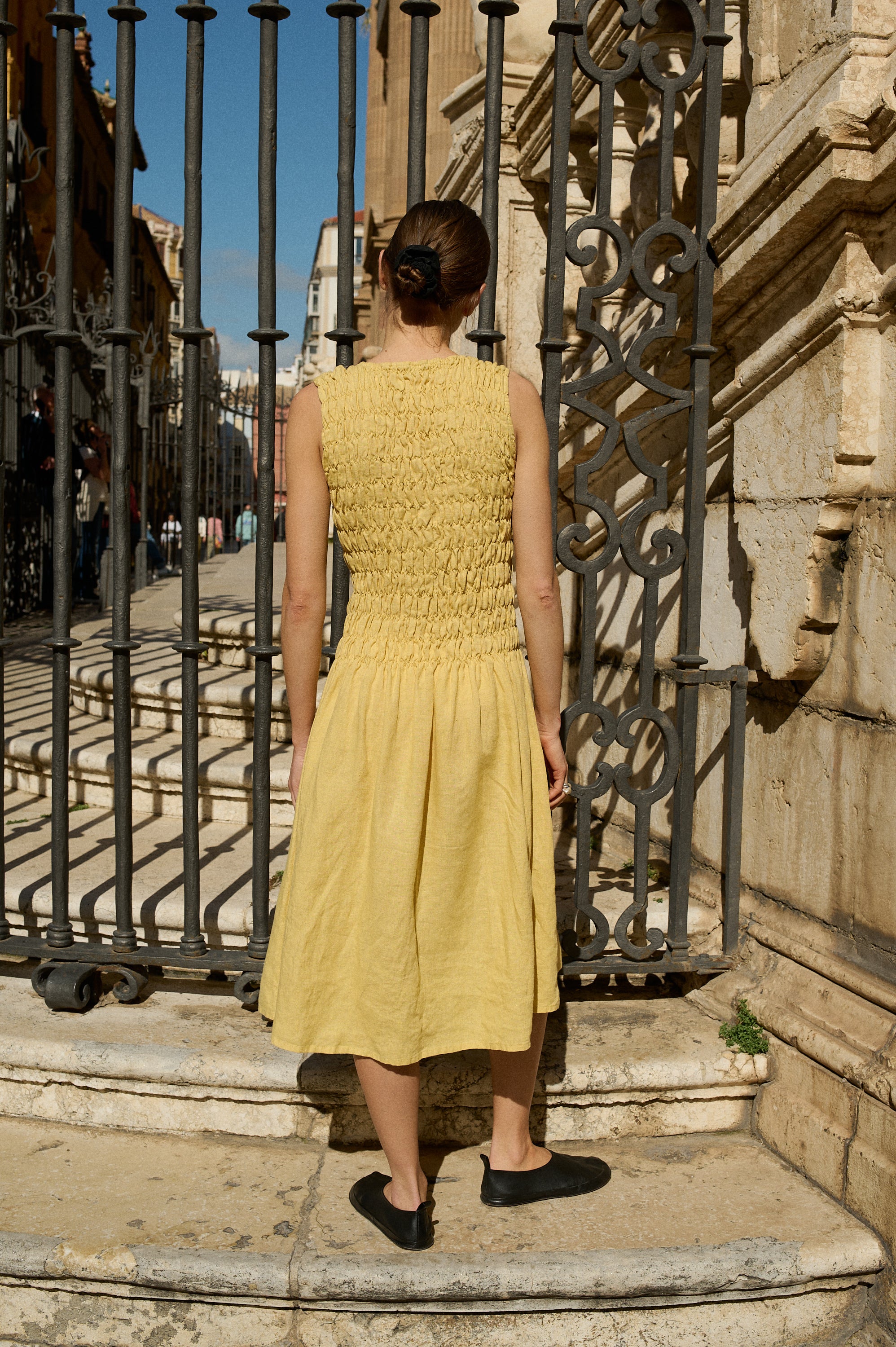 Linenfox Emilija Smocked Linen Dress - Butter
