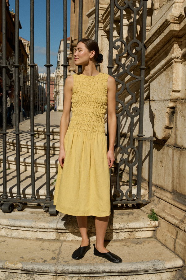 Linenfox Emilija Smocked Linen Dress - Butter