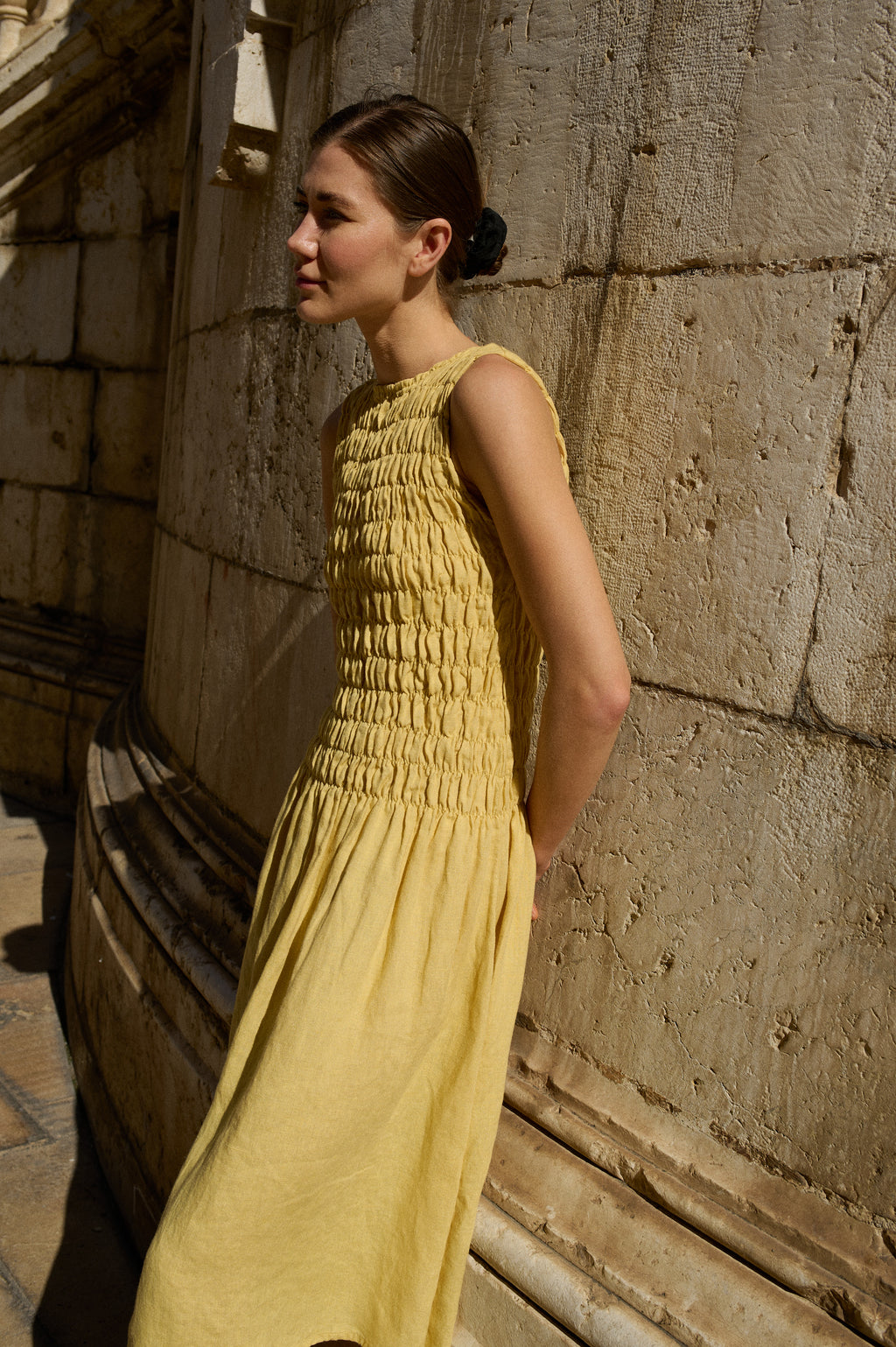 Linenfox Emilija Smocked Linen Dress - Butter