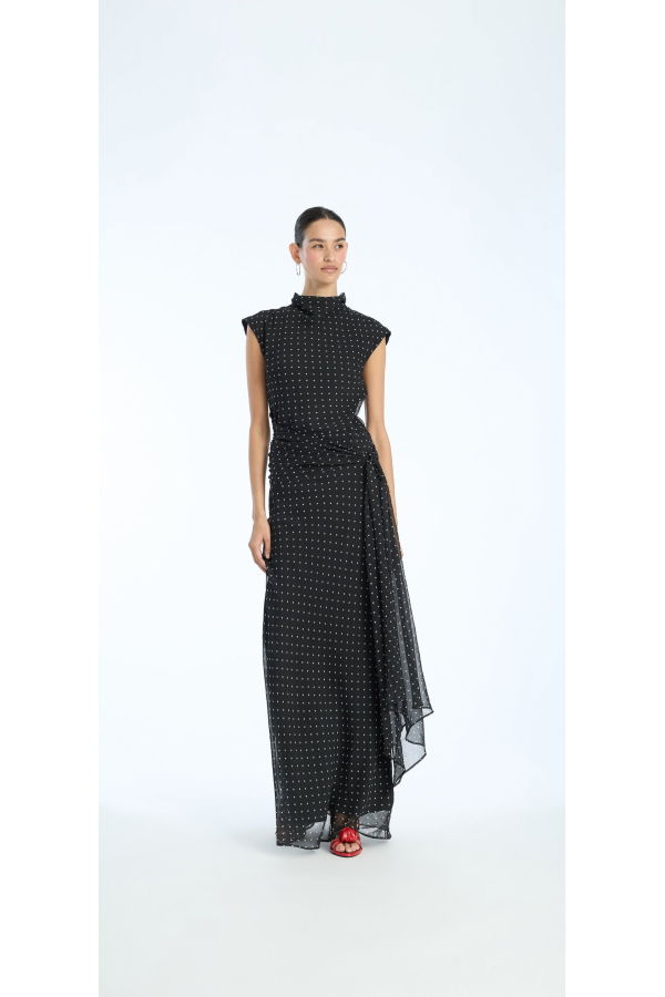 ROTATE Birger Christensen Estrid Long Tie Dress - Black Combo