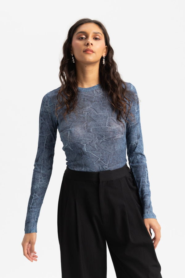 Ganni Long Sleeve Crewneck Blouse - Denim