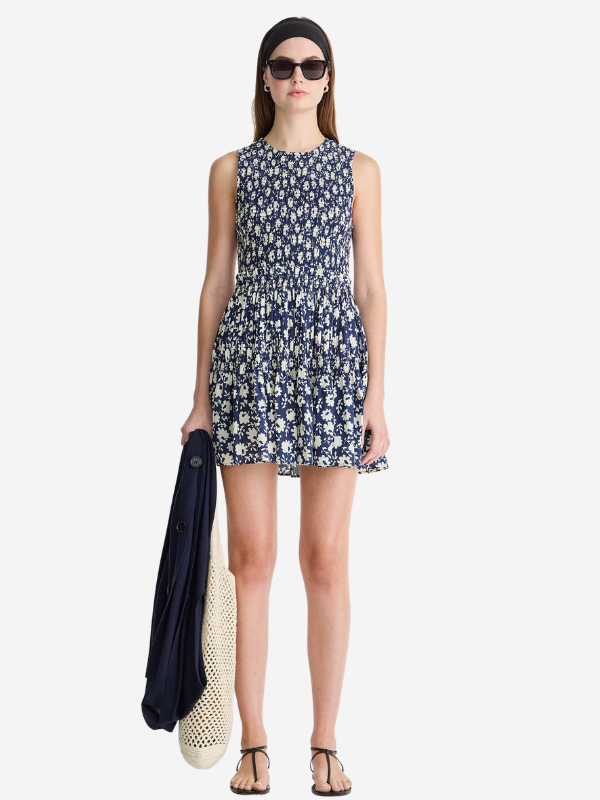 Apiece Apart Lore Smocked Mini Dress - Navy Floral Stamp